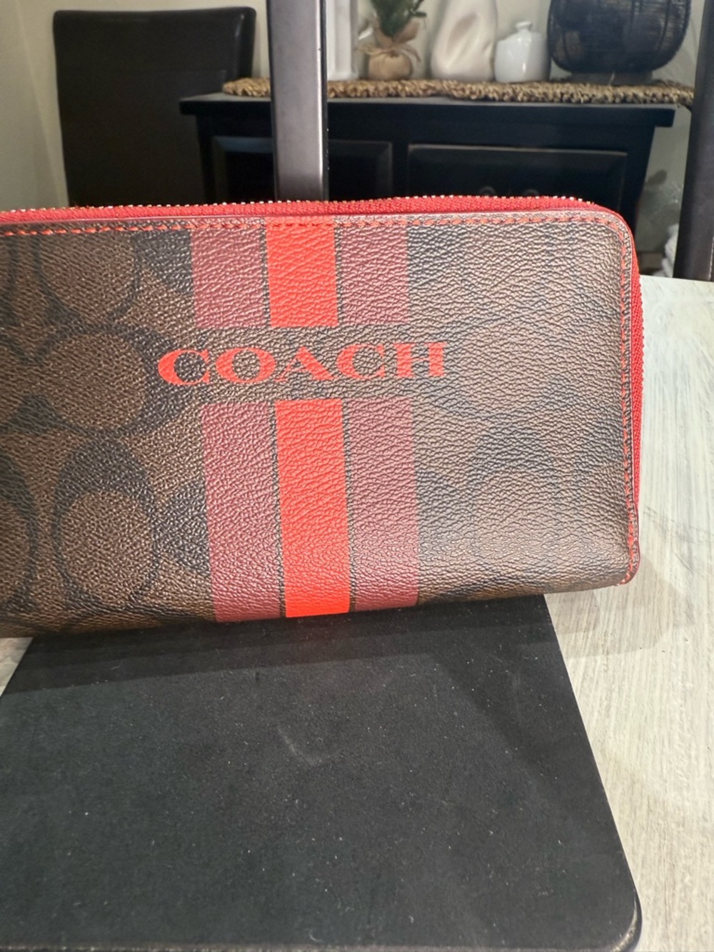 Coach Brown Double Zip Wallet with Red Signature Stripe Accent - Picture 3 of 14